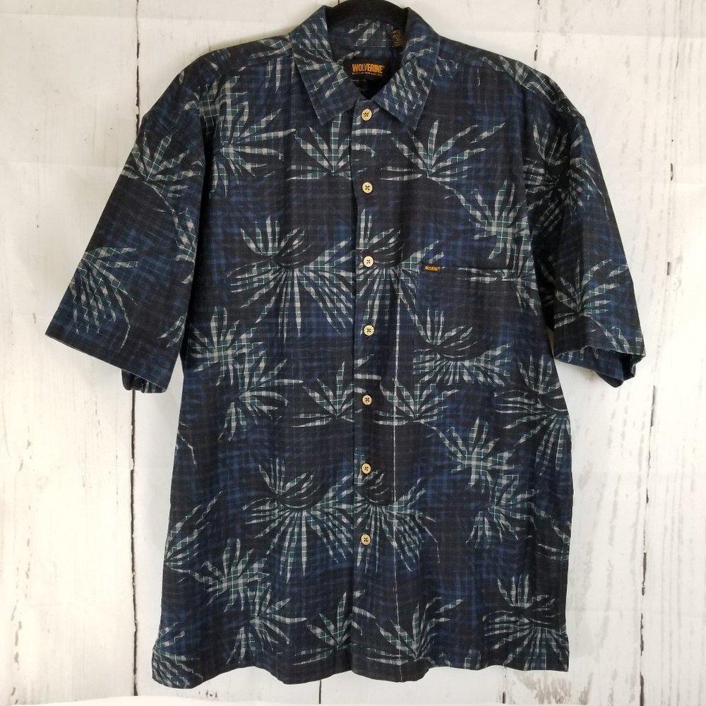 Wolverine Button Down Shirt Sz L Black Blue Palm